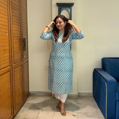 Saadgi 2.0 - Handblock Printed Everyday Kurtas -Firozi & Pink