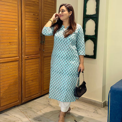 Saadgi 2.0 - Handblock Printed Everyday Kurtas -Firozi & Pink