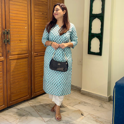 Saadgi 2.0 - Handblock Printed Everyday Kurtas -Firozi & Pink