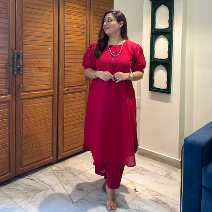 Kapaas Hondloom Cotton Kurta Set_Red