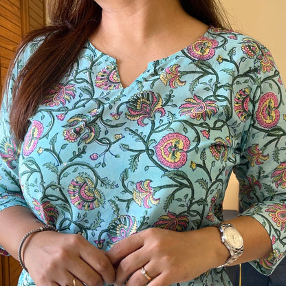 Saadgi 2.0 - Handblock Printed Everyday Kurtas -Firozi Floral