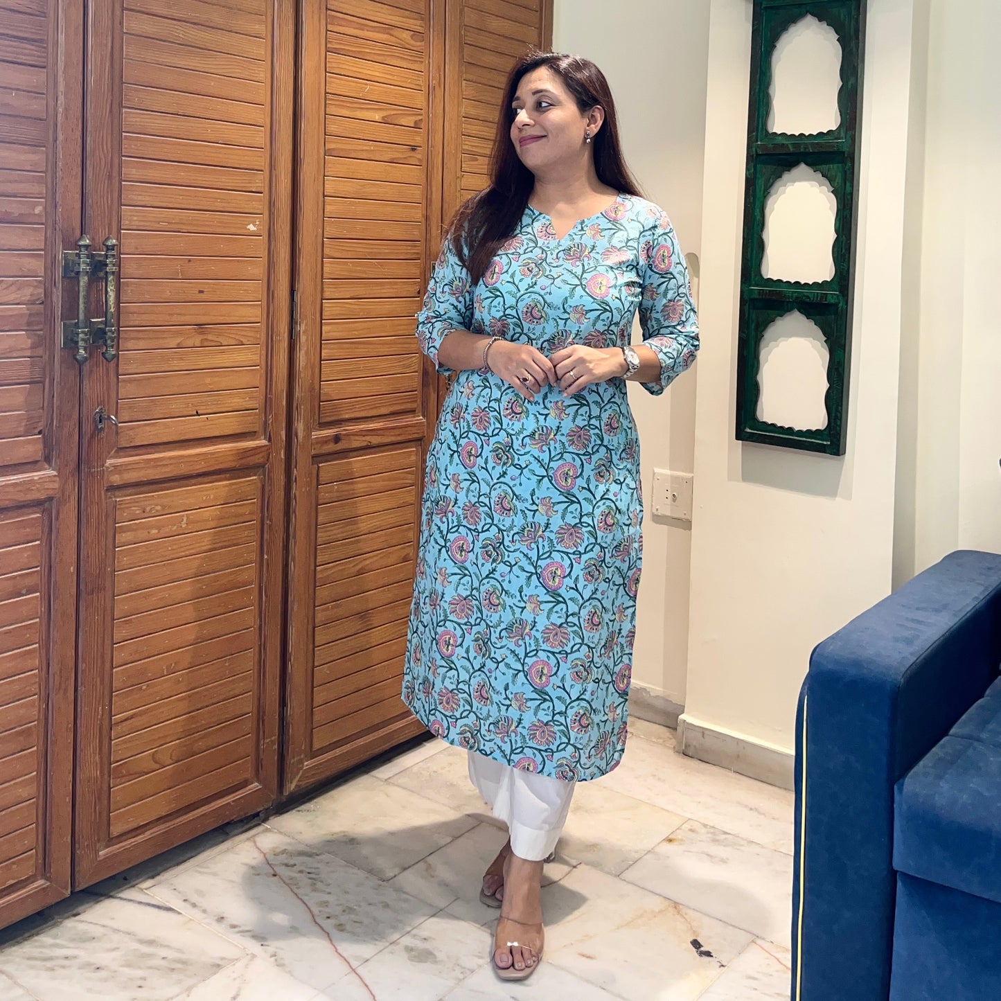 Saadgi 2.0 - Handblock Printed Everyday Kurtas -Firozi Floral