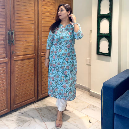 Saadgi 2.0 - Handblock Printed Everyday Kurtas -Firozi Floral