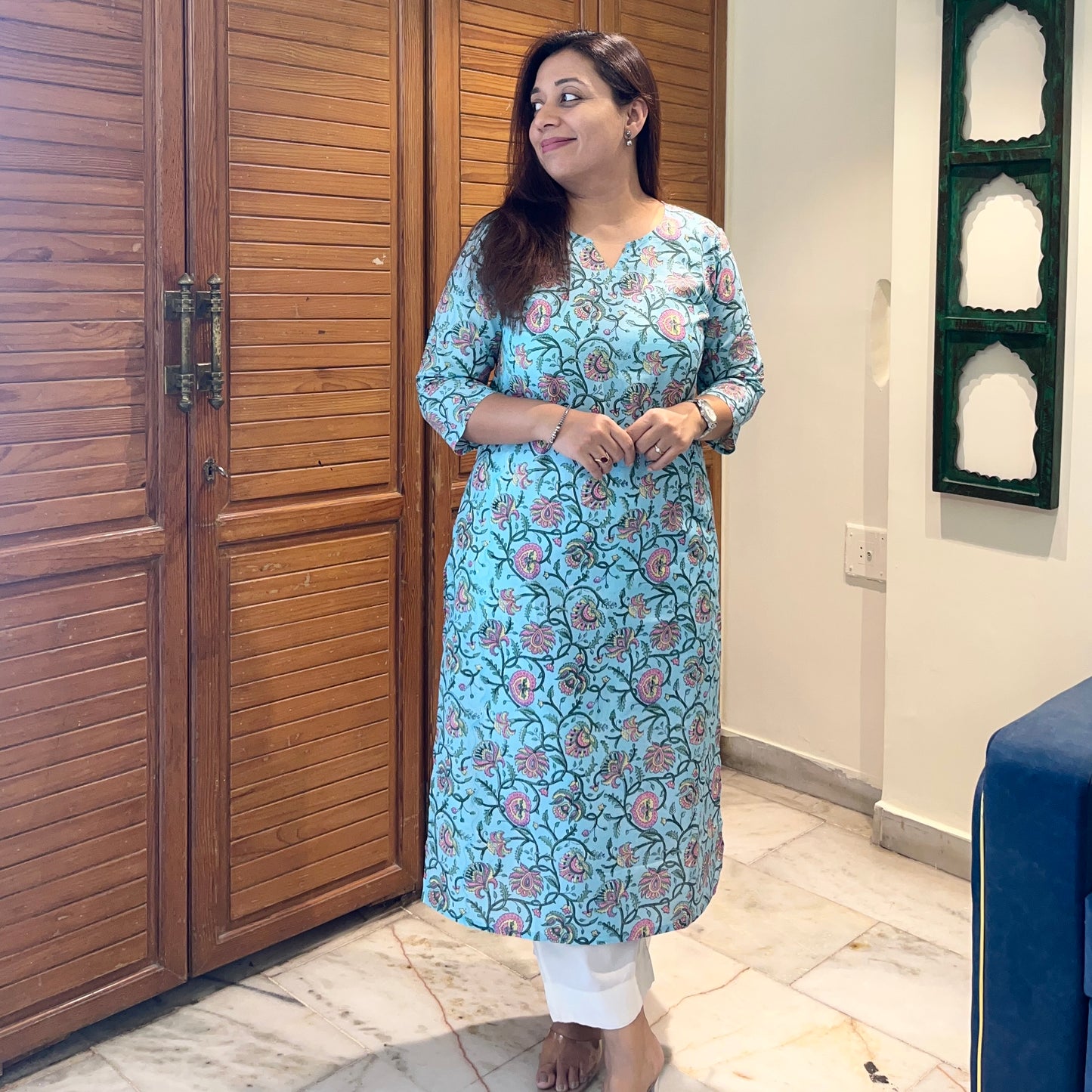 Saadgi 2.0 - Handblock Printed Everyday Kurtas -Firozi Floral