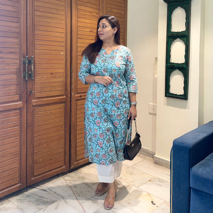 Saadgi 2.0 - Handblock Printed Everyday Kurtas -Firozi Floral