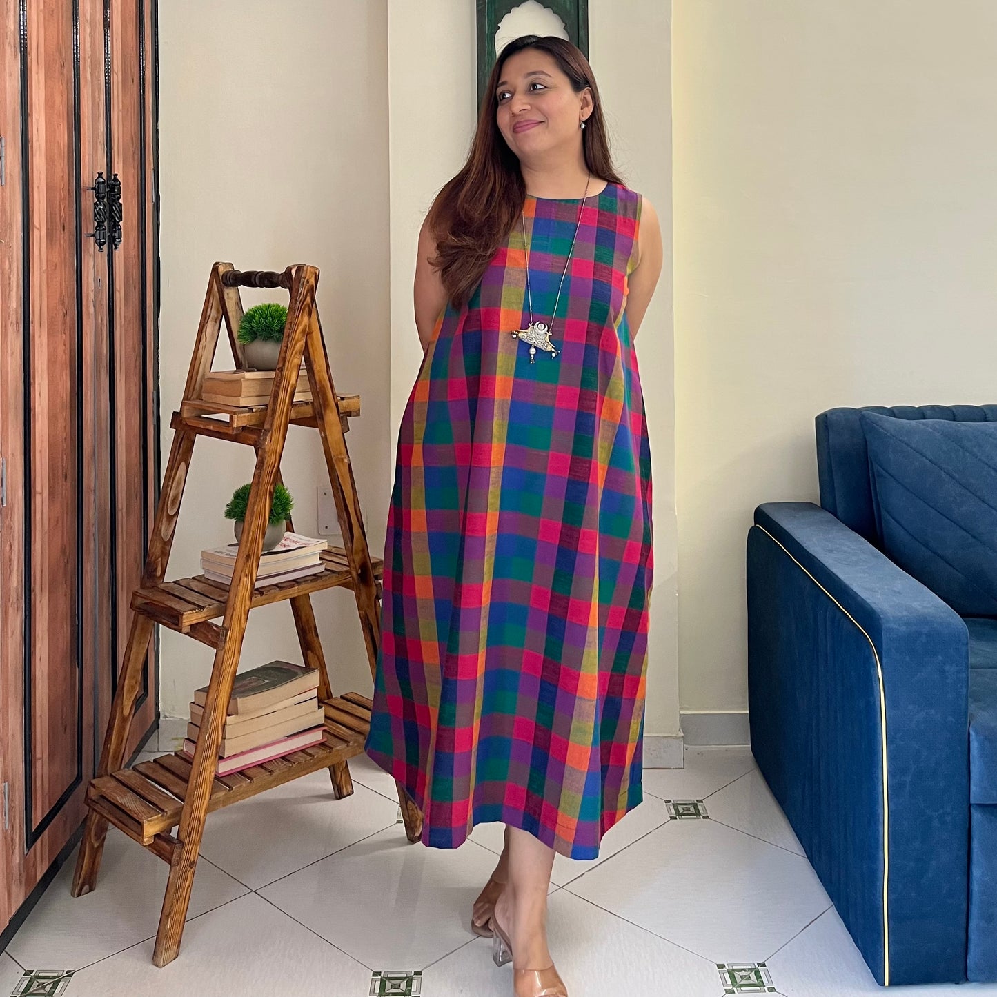Small Madras Checks Handloom Cotton Sleeveless Dress