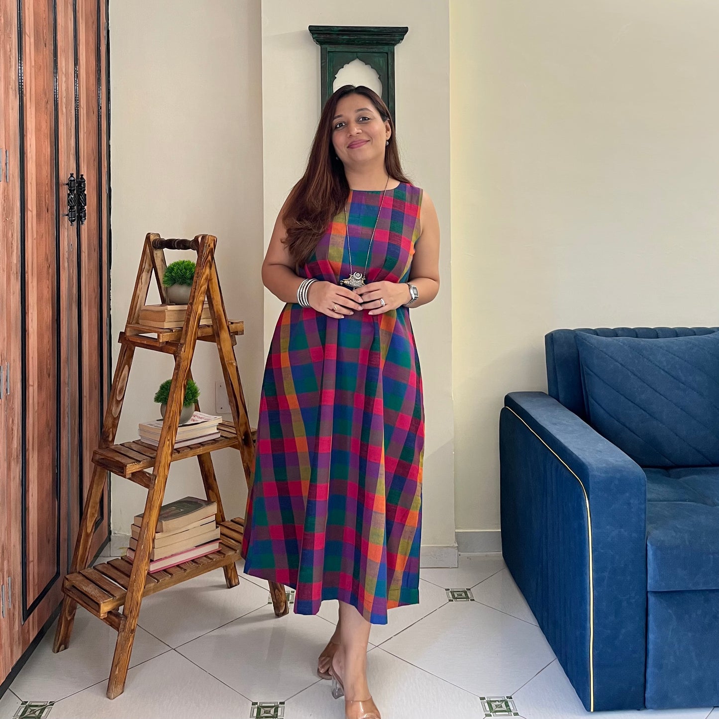Small Madras Checks Handloom Cotton Sleeveless Dress