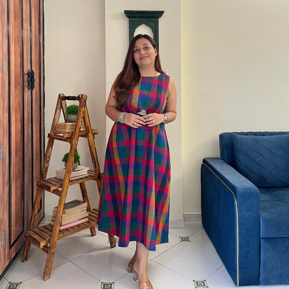 Small Madras Checks Handloom Cotton Sleeveless Dress