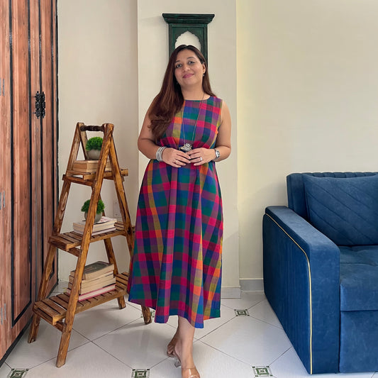 Small Madras Checks Handloom Cotton Sleeveless Dress