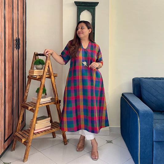 Small Madras Checks Handloom Cotton Kurta/Dress
