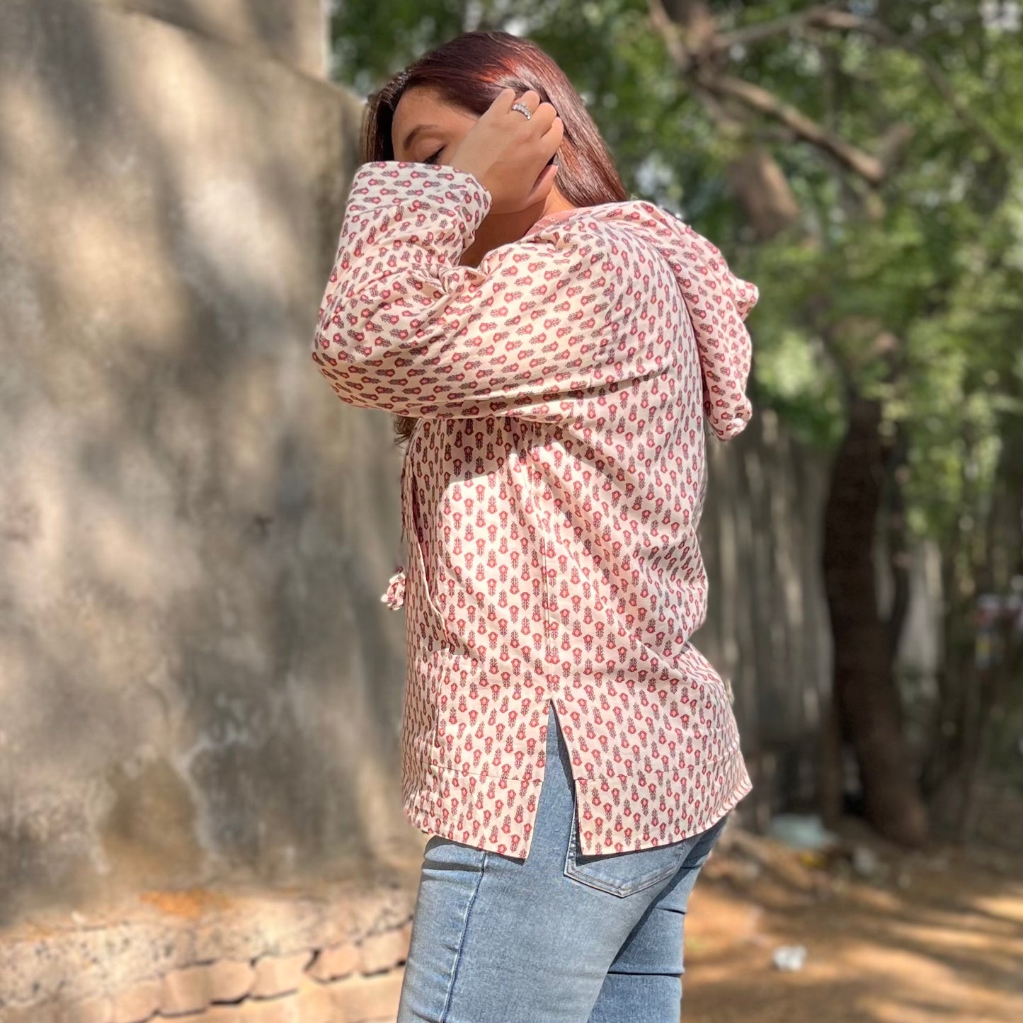 Hand Block Printed Hoodie - Off White