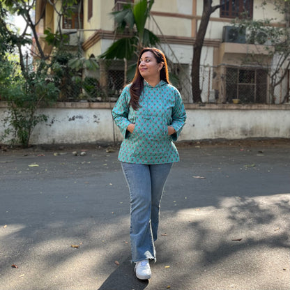 Hand Block Printed Hoodie - Turquoise