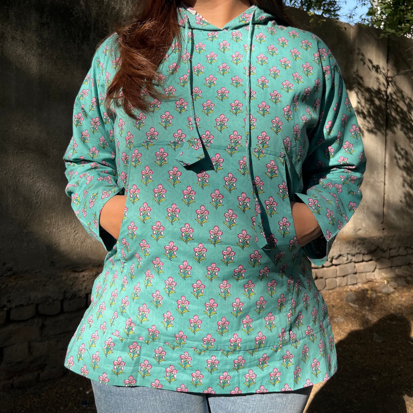 Hand Block Printed Hoodie - Turquoise