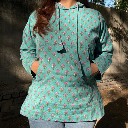 Hand Block Printed Hoodie - Turquoise