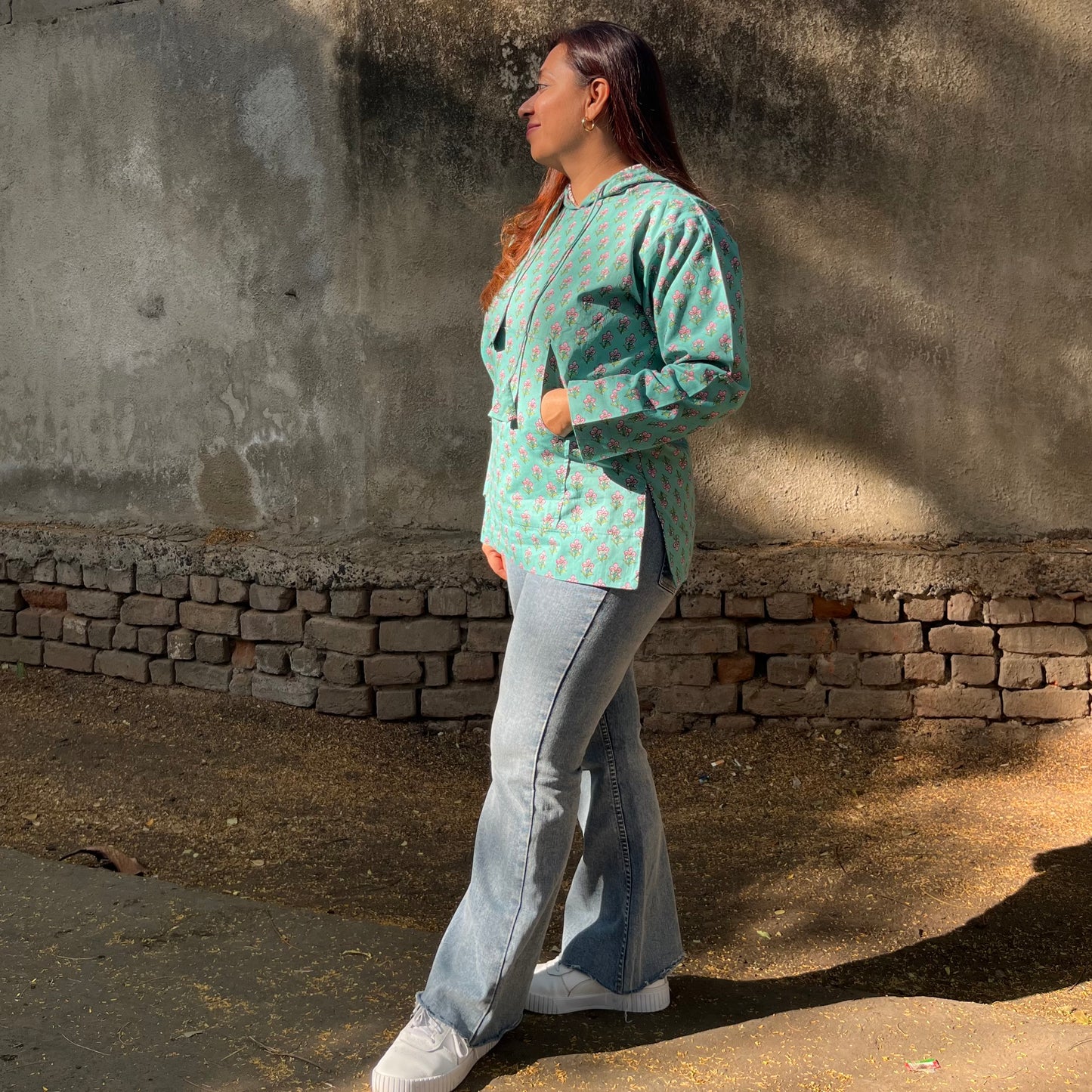 Hand Block Printed Hoodie - Turquoise