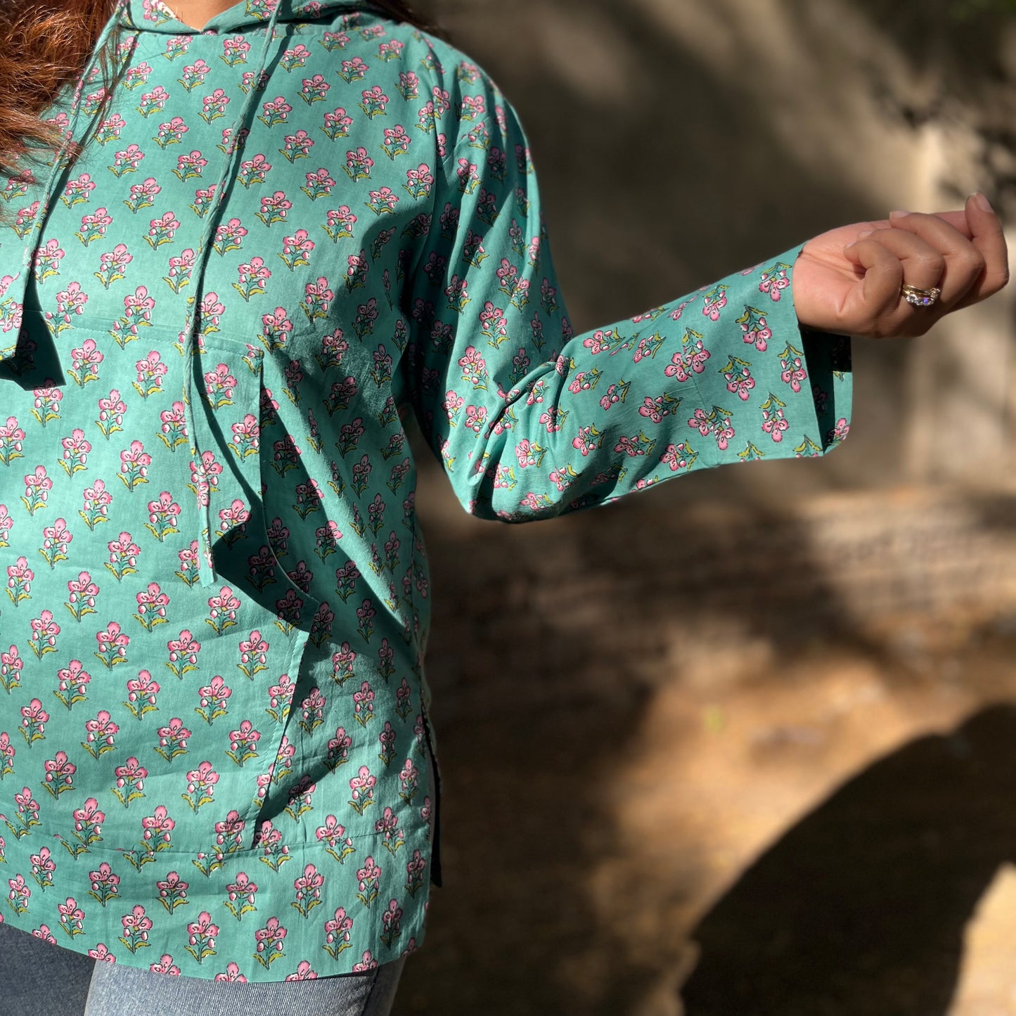 Hand Block Printed Hoodie - Turquoise