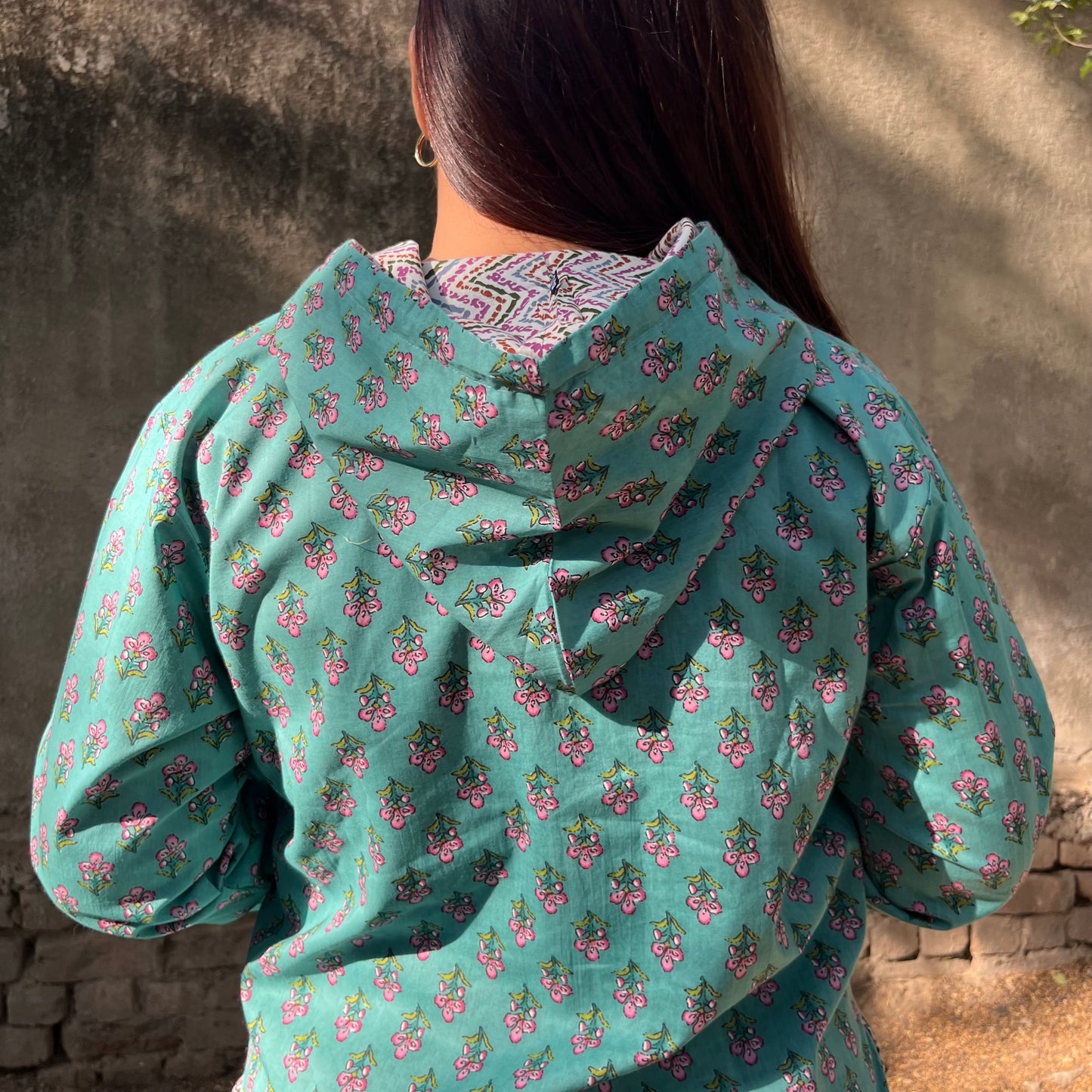 Hand Block Printed Hoodie - Turquoise