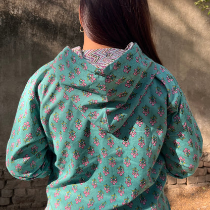 Hand Block Printed Hoodie - Turquoise