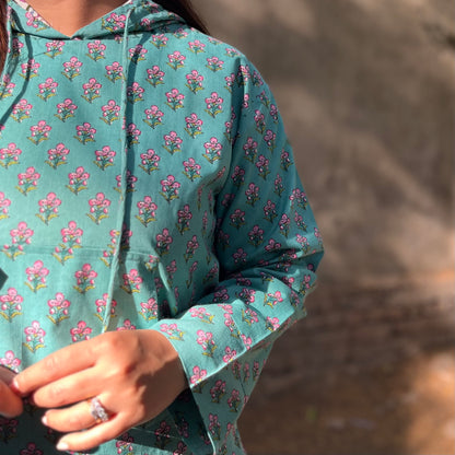 Hand Block Printed Hoodie - Turquoise