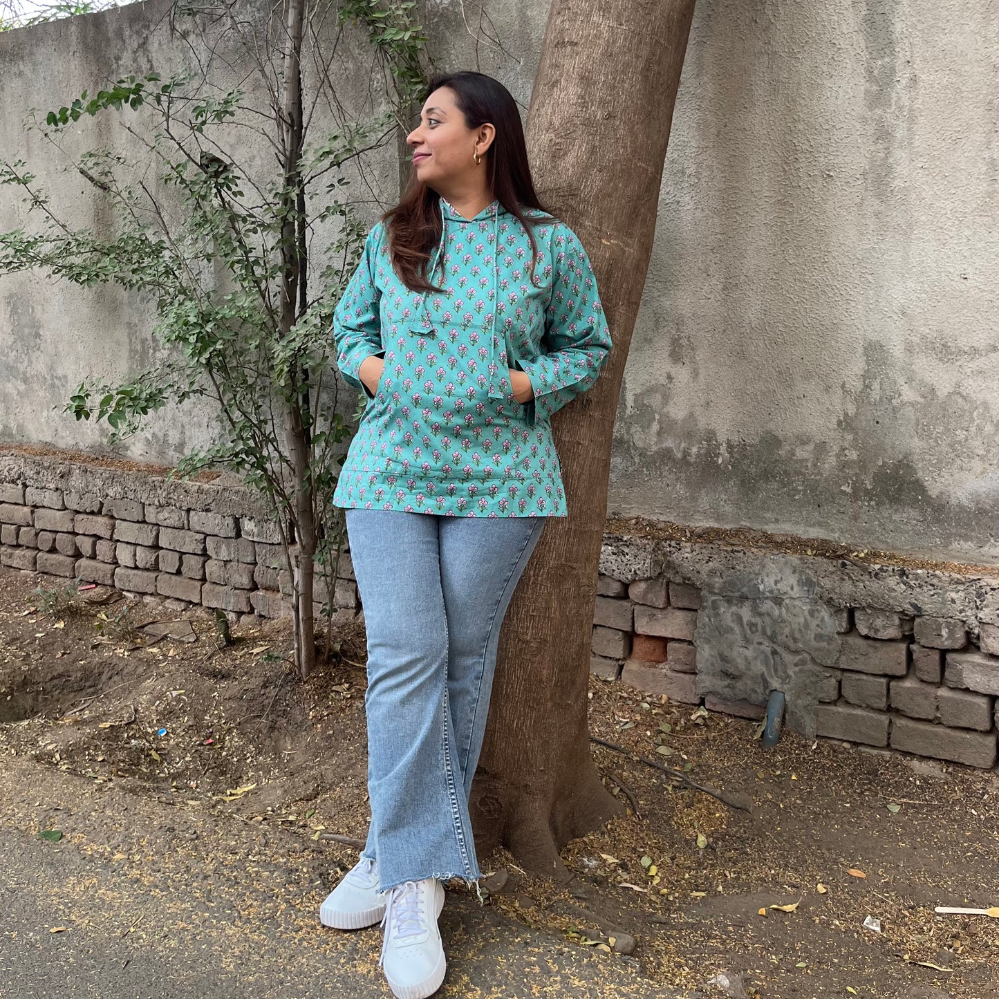 Hand Block Printed Hoodie - Turquoise