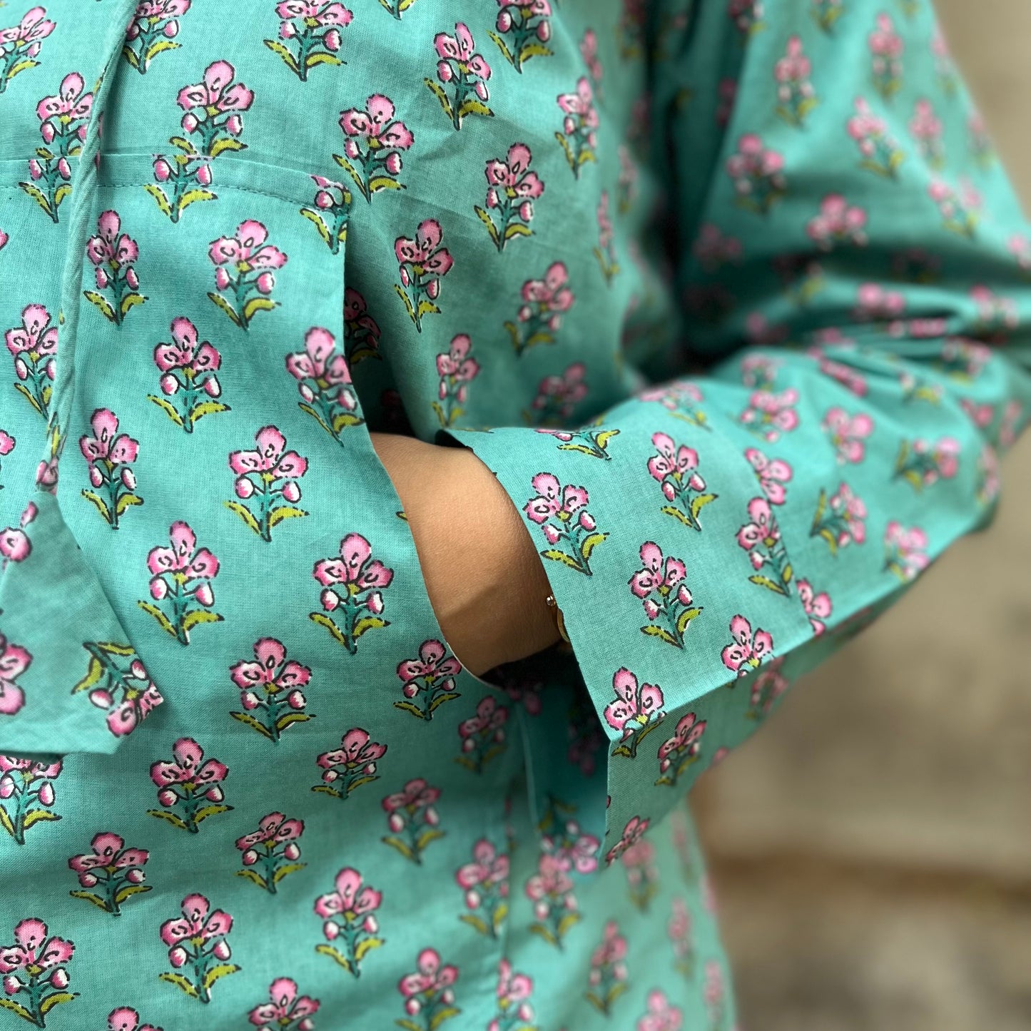 Hand Block Printed Hoodie - Turquoise