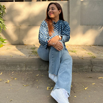 Hand Block Printed Hoodie - Blue