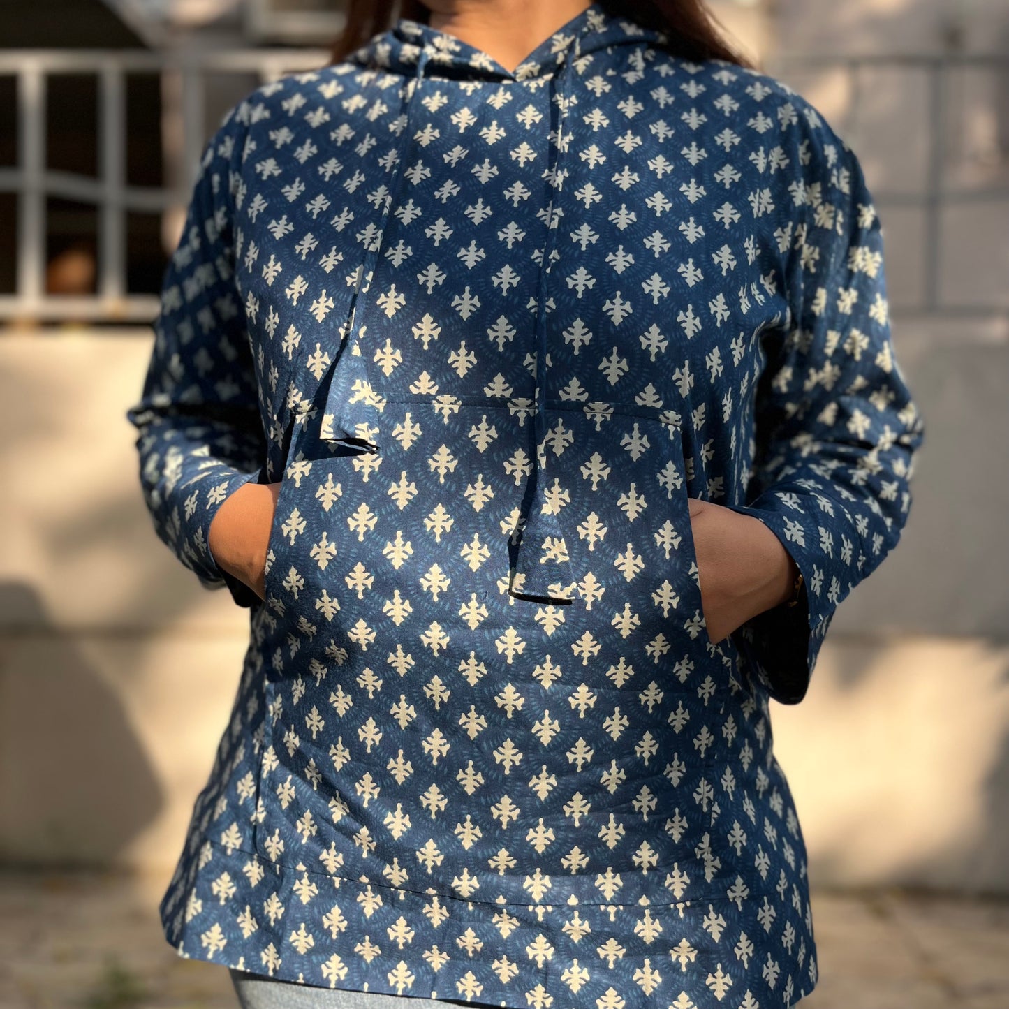 Hand Block Printed Hoodie - Blue