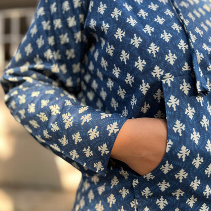 Hand Block Printed Hoodie - Blue
