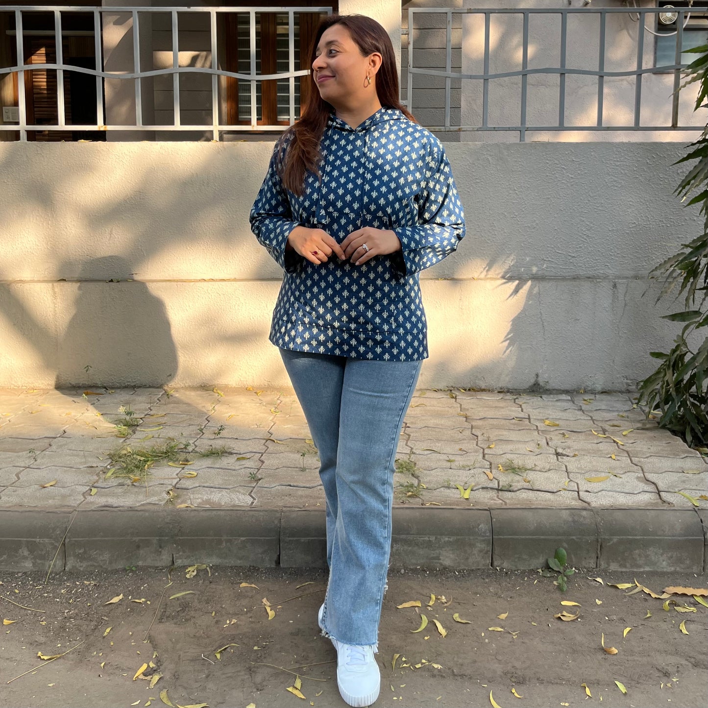 Hand Block Printed Hoodie - Blue