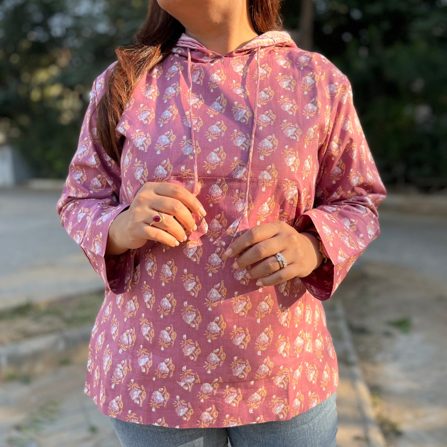 Hand Block Printed Hoodie - Dusty Pink