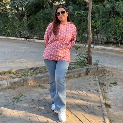 Hand Block Printed Hoodie - Dusty Pink