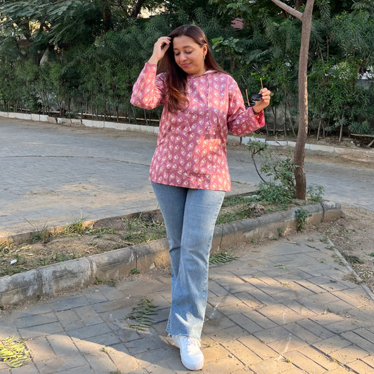 Hand Block Printed Hoodie - Dusty Pink