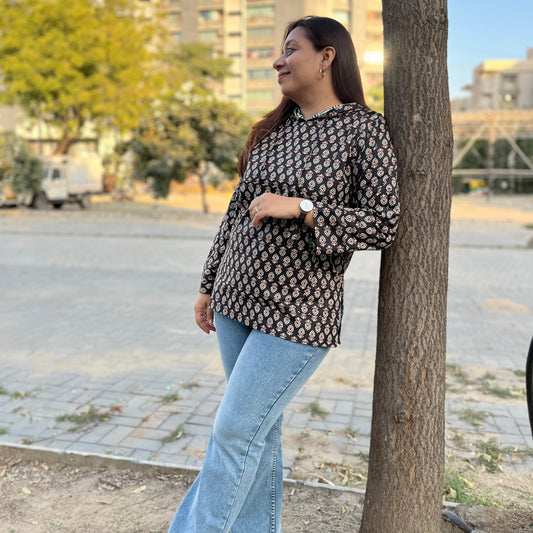 Hand Block Printed Hoodie - New Black