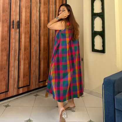 Small Madras Checks Handloom Cotton Sleeveless Dress