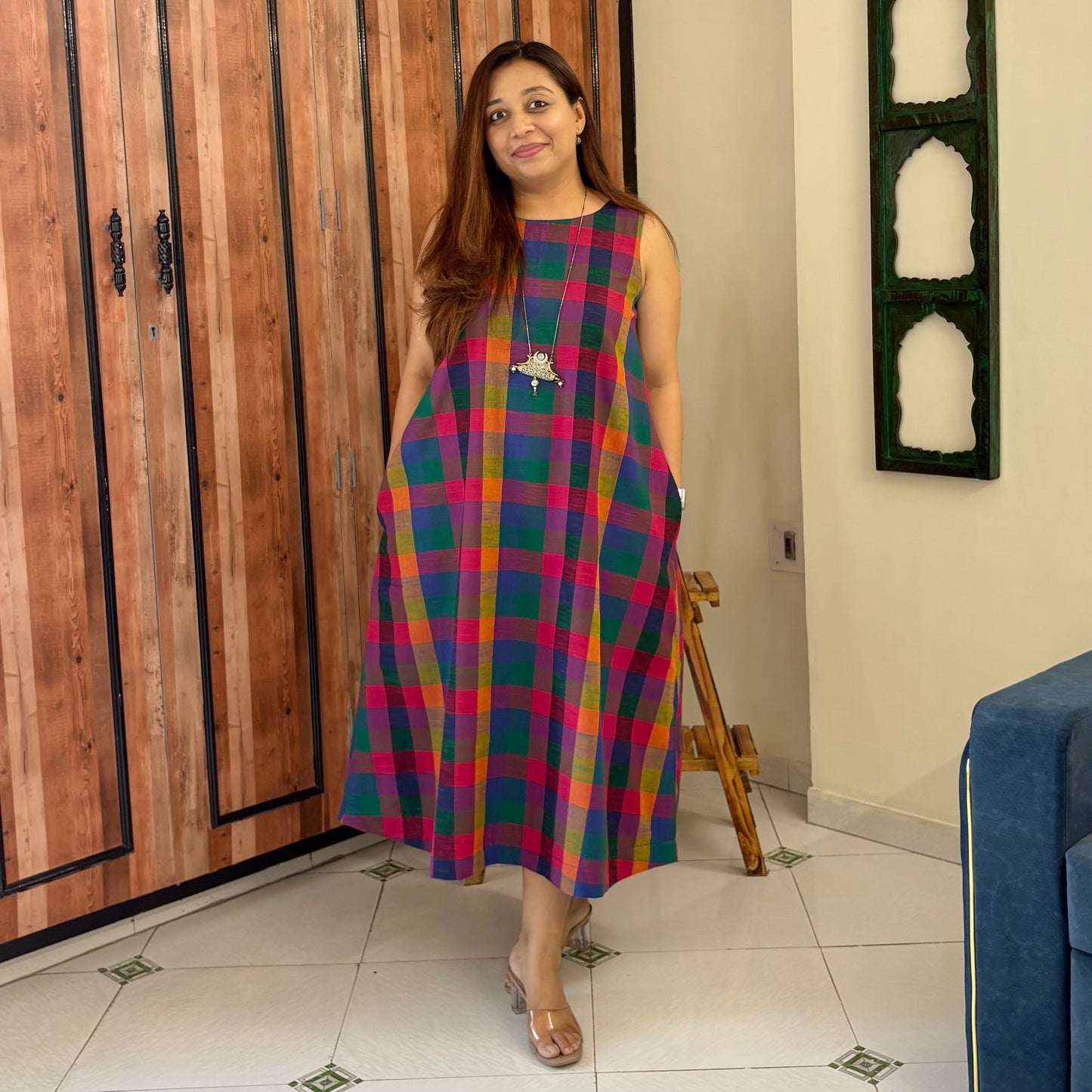 Small Madras Checks Handloom Cotton Sleeveless Dress