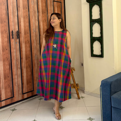 Small Madras Checks Handloom Cotton Sleeveless Dress