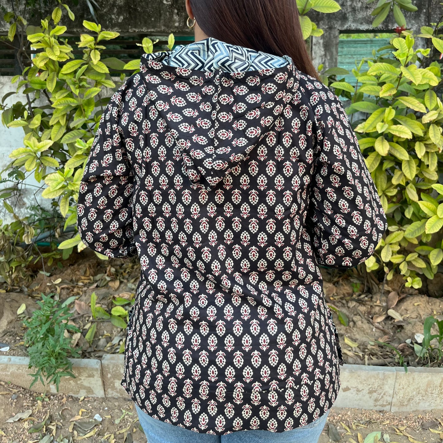 Hand Block Printed Hoodie - New Black