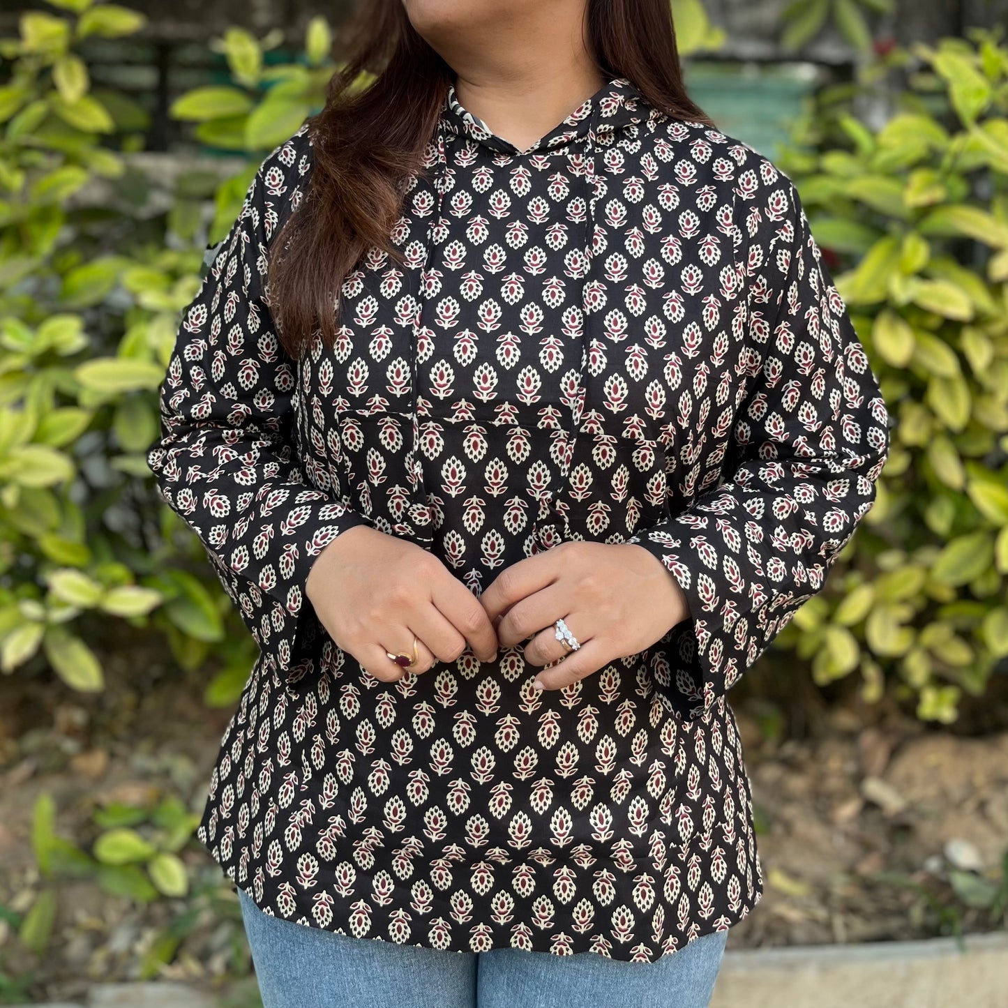 Hand Block Printed Hoodie - New Black