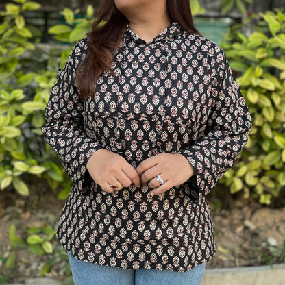Hand Block Printed Hoodie - New Black