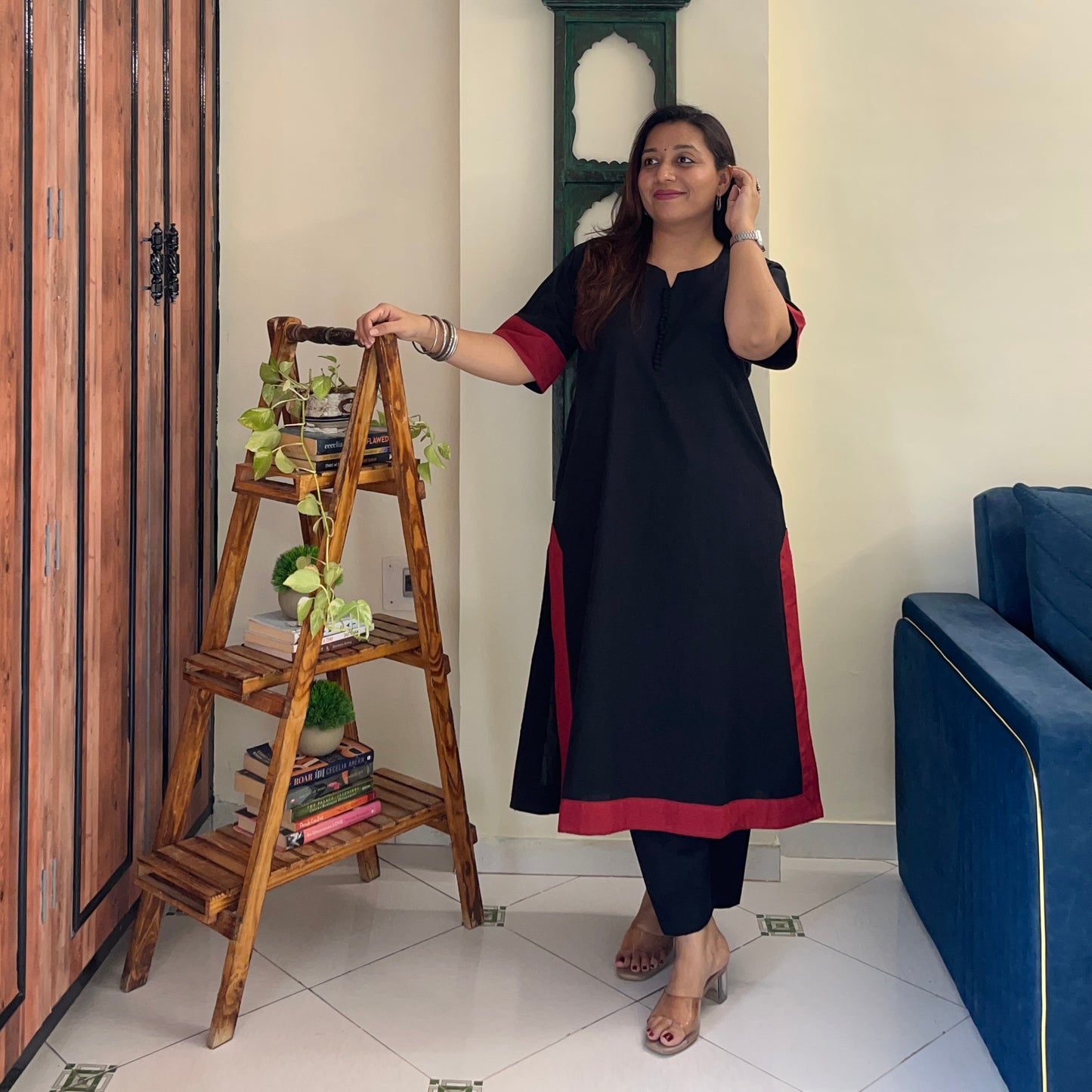 Mira Cotton Co-ord Set - Black & Maroon