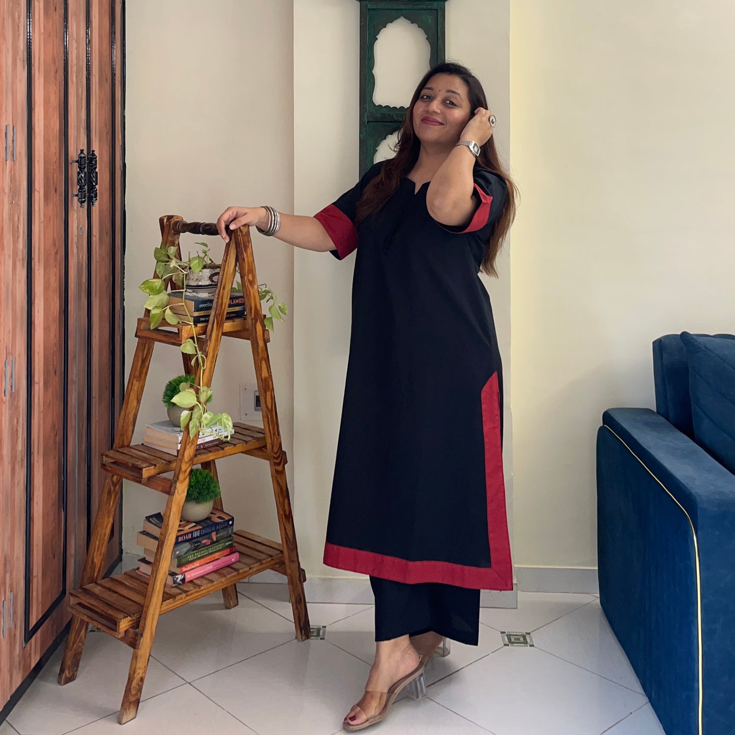 Mira Cotton Co-ord Set - Black & Maroon
