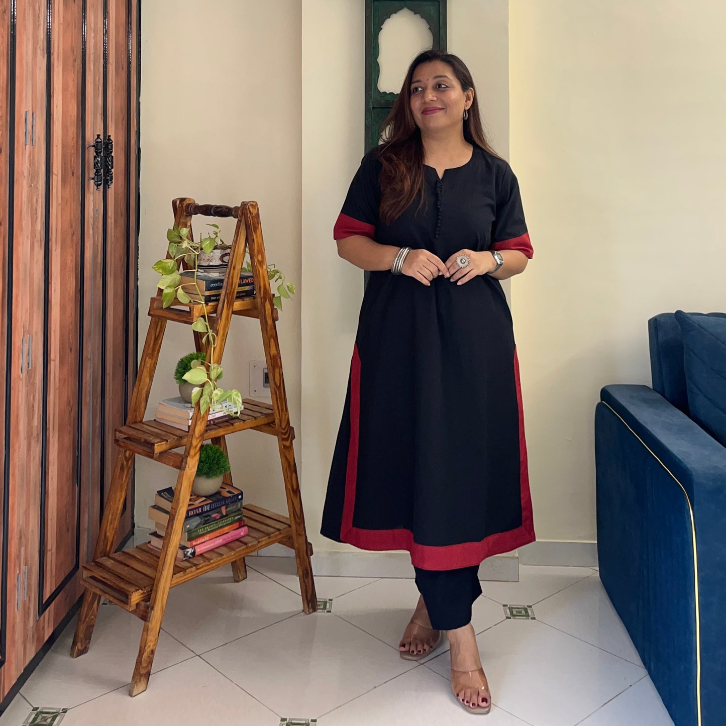 Mira Cotton Co-ord Set - Black & Maroon