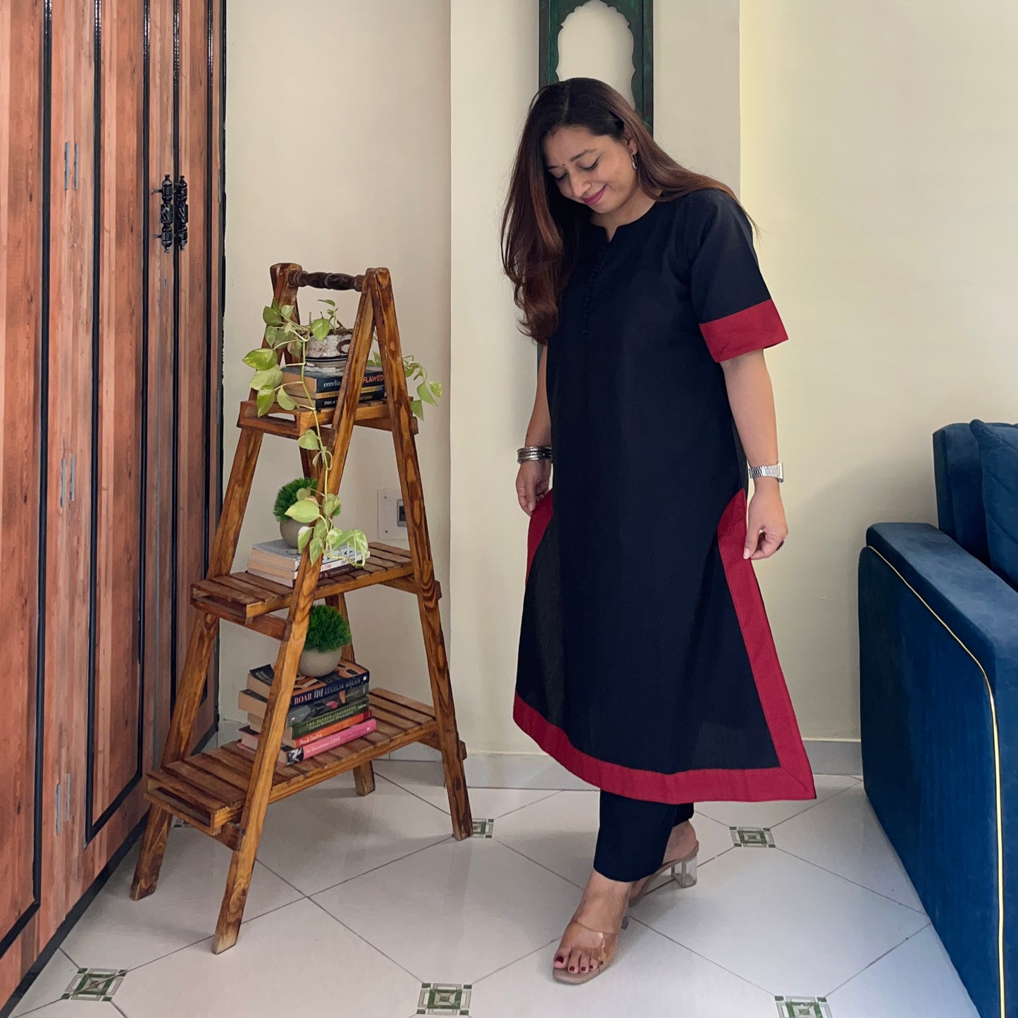 Mira Cotton Co-ord Set - Black & Maroon