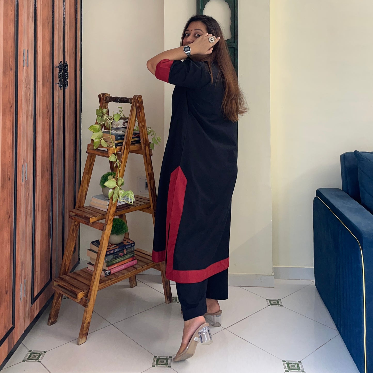 Mira Cotton Co-ord Set - Black & Maroon