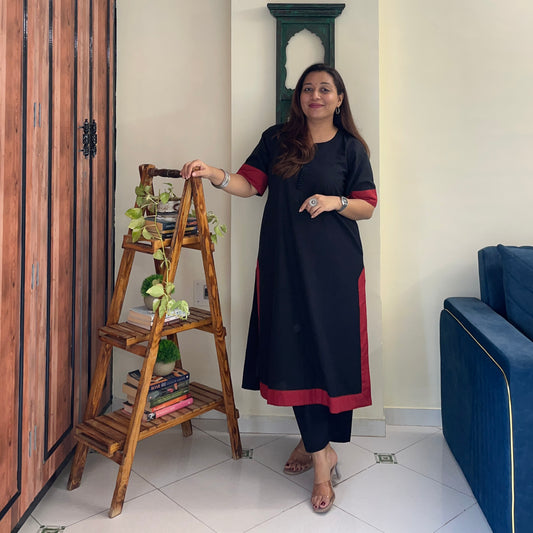 Mira Cotton Co-ord Set - Black & Maroon