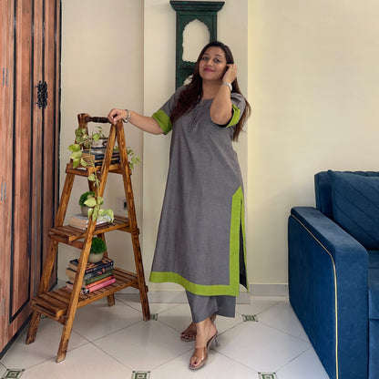 Mira Cotton Co-ord Set - Grey & Lime Green