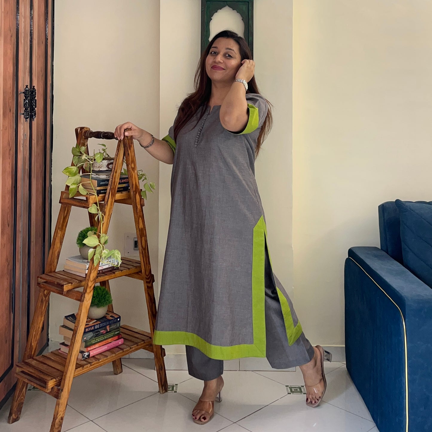Mira Cotton Co-ord Set - Grey & Lime Green