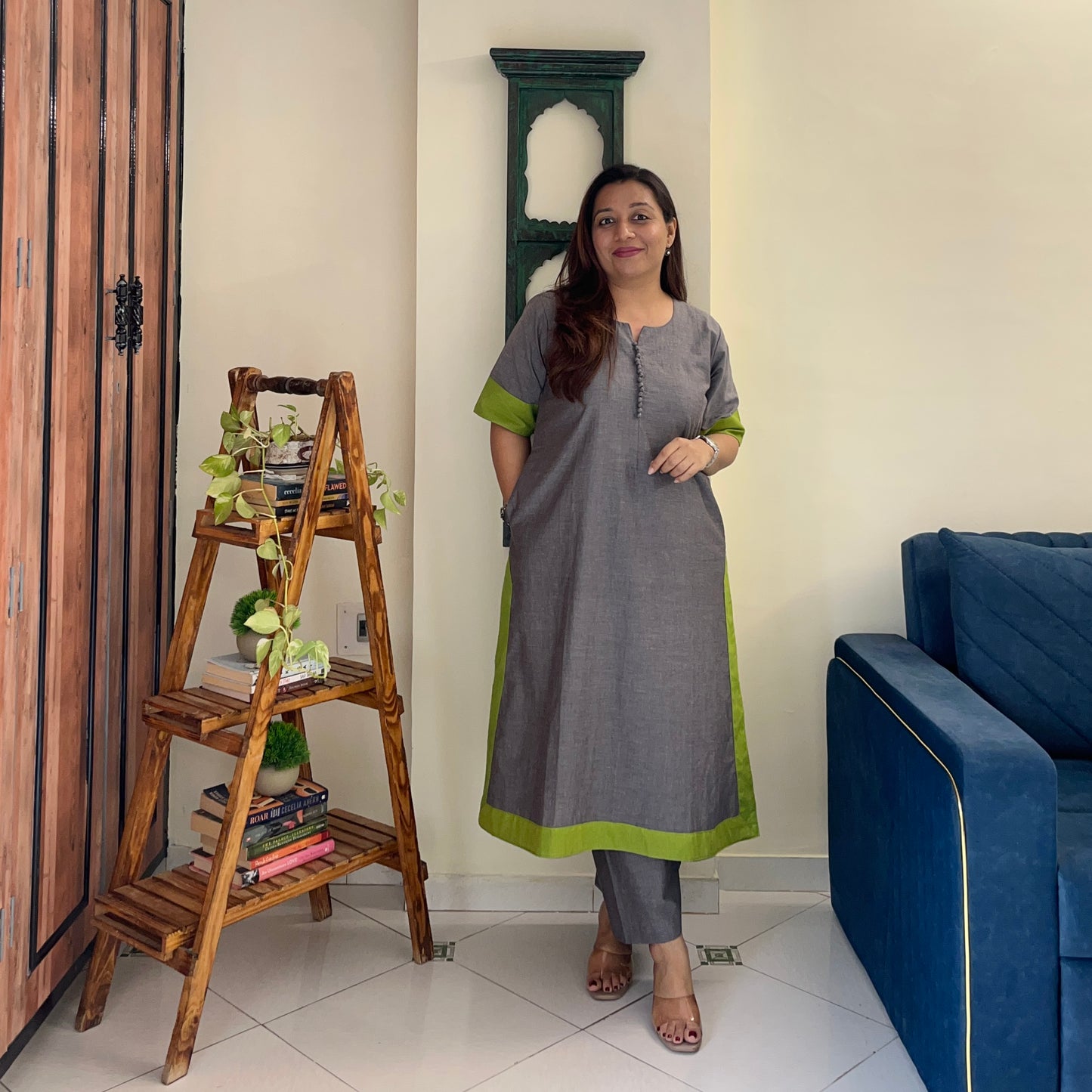 Mira Cotton Co-ord Set - Grey & Lime Green