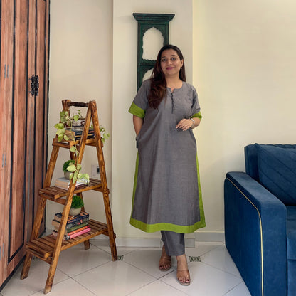 Mira Cotton Co-ord Set - Grey & Lime Green