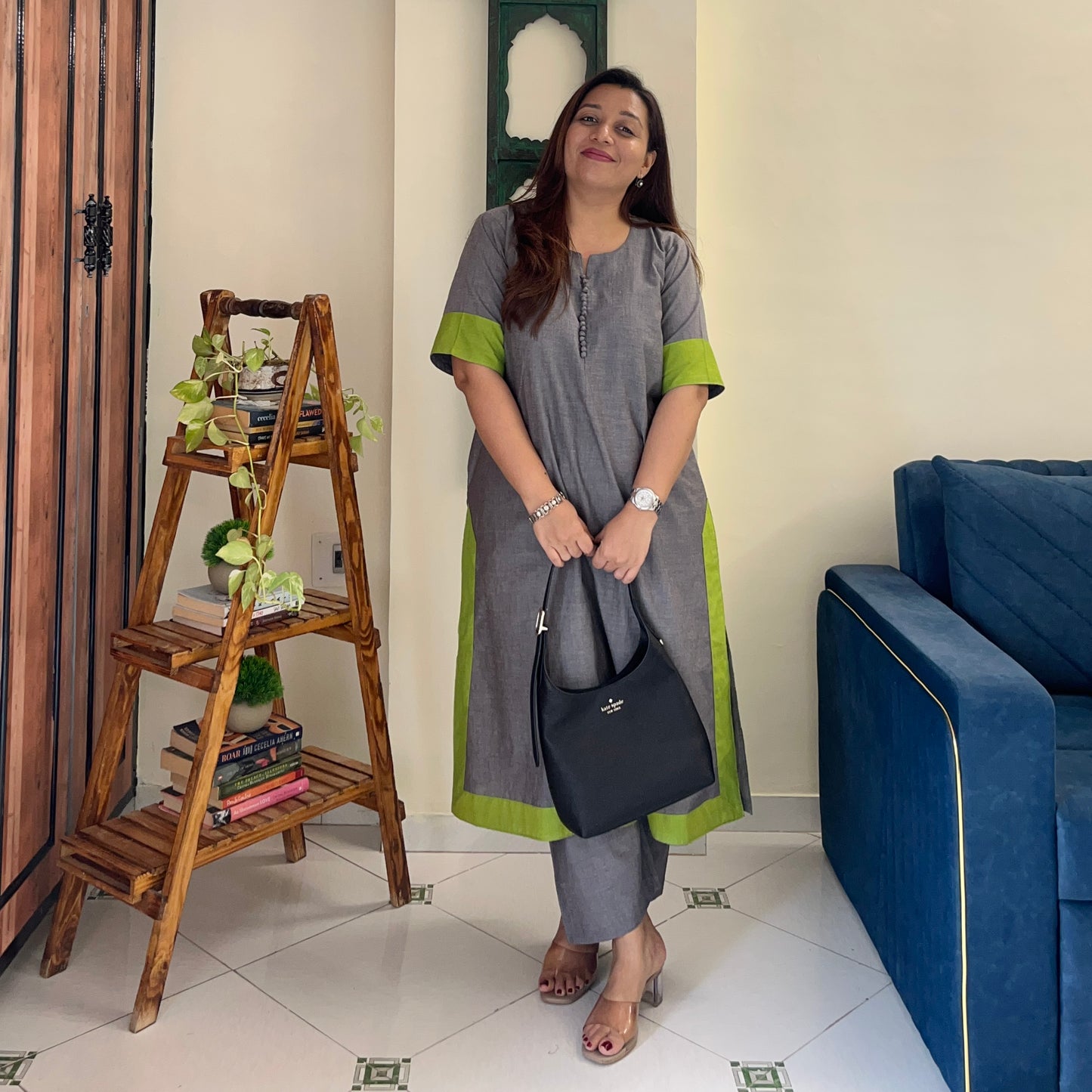 Mira Cotton Co-ord Set - Grey & Lime Green